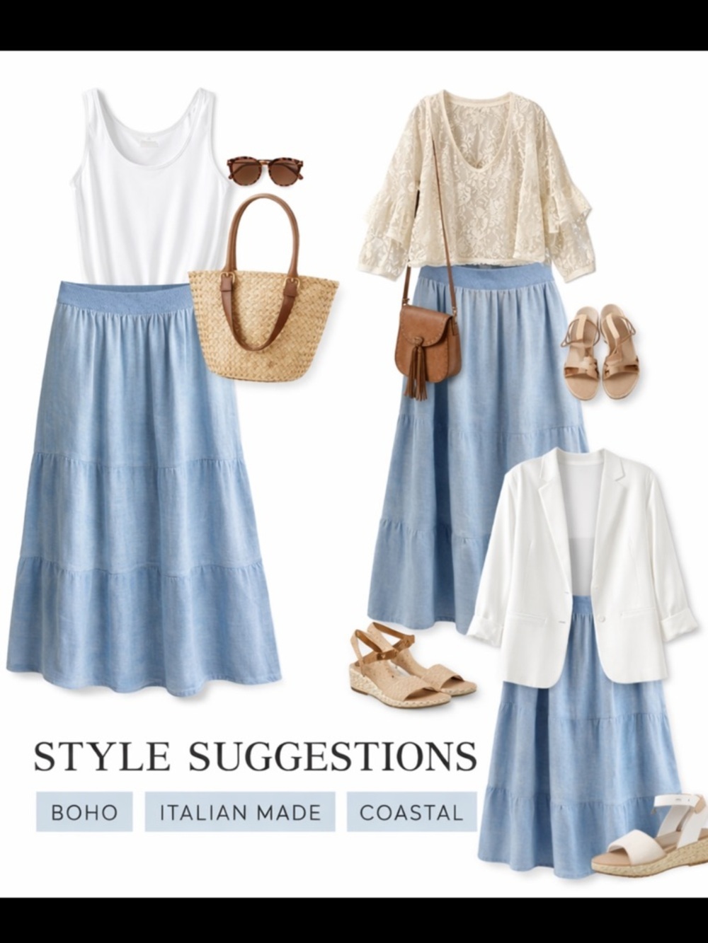 Charlie B XL Tiered Skirt NWT Blue Chambray Made in Italy Flowy Boho Coastal - Picture 3 of 13